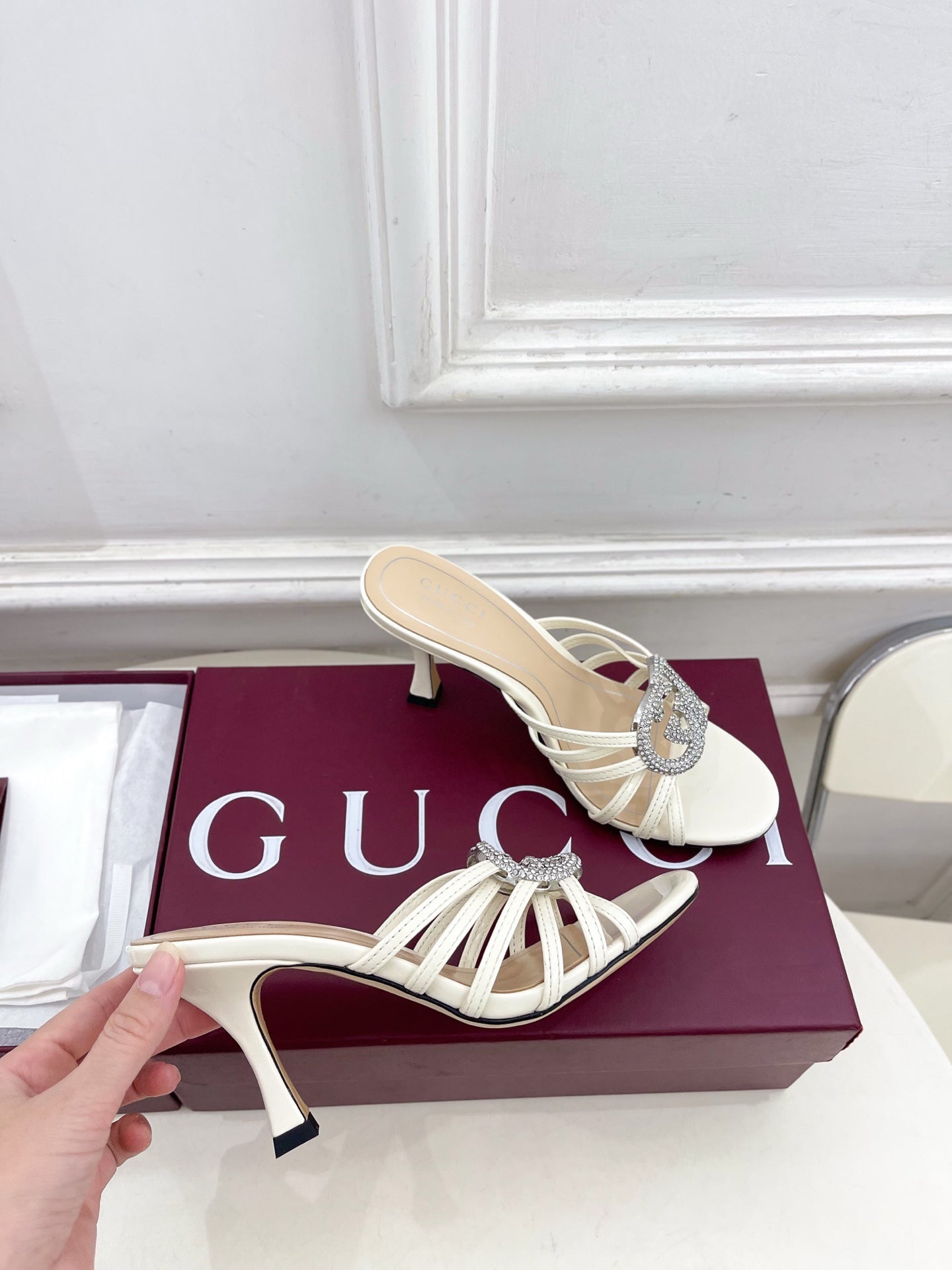 GG 26 High-Heeled Mules 85 White Beige Leather 587084