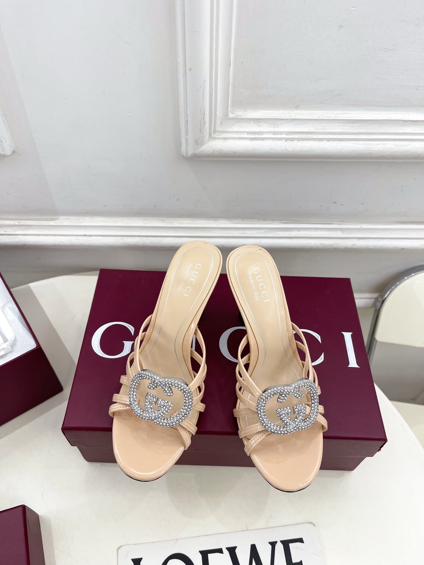 GG 26 High-Heeled Mules 85 Beige Patent Leather 587086