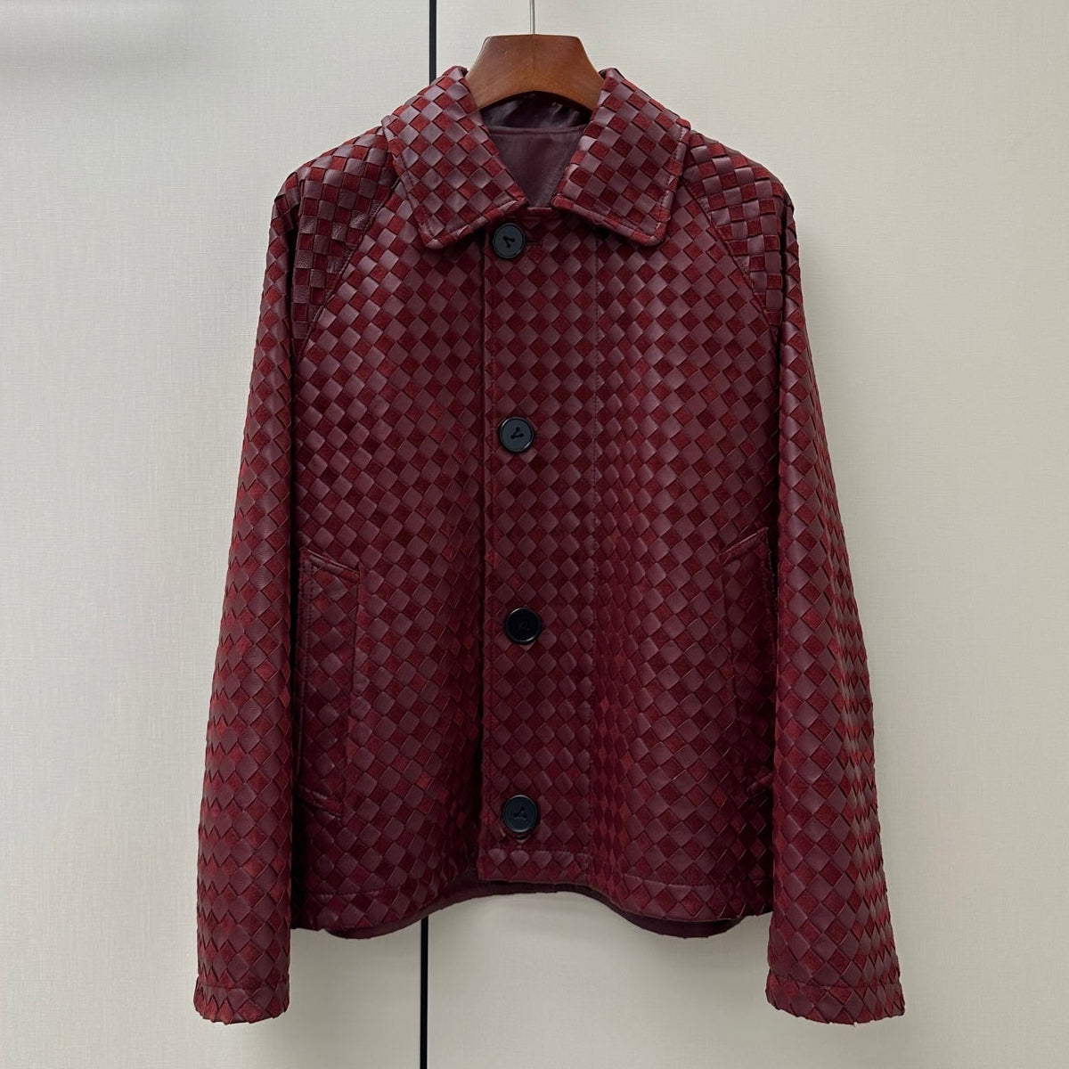 Bottega Veneta 2026 Intrecciato Jacket Burgundy Suede Leather 435115