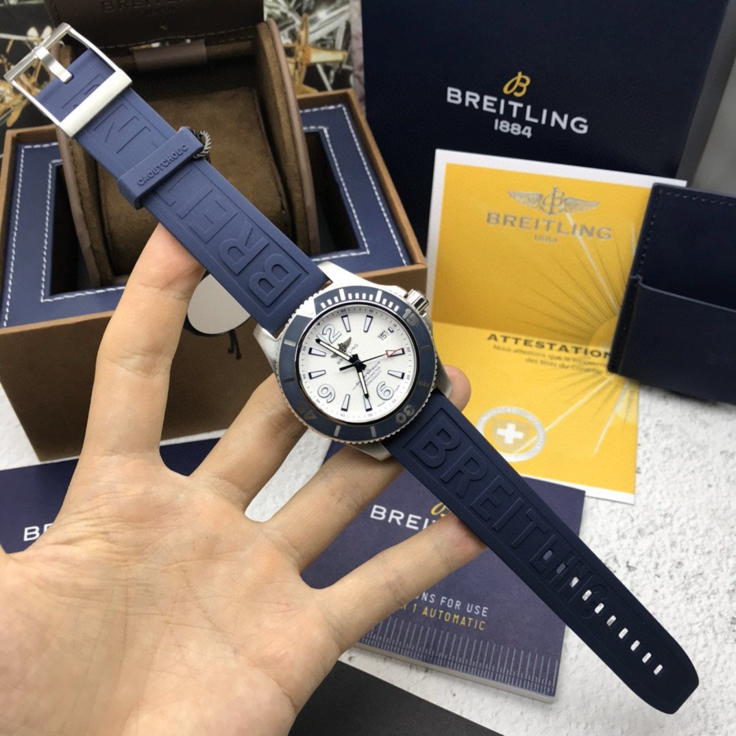 SUPER OCEAN 42 BLUE BEZEL WHITE DIAL RUBBER STRAP